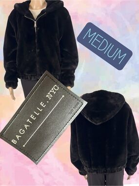 BAGATELLE NYC - Black Faux Fur Hooded Jacket Oversized - Fits Large - Size Note